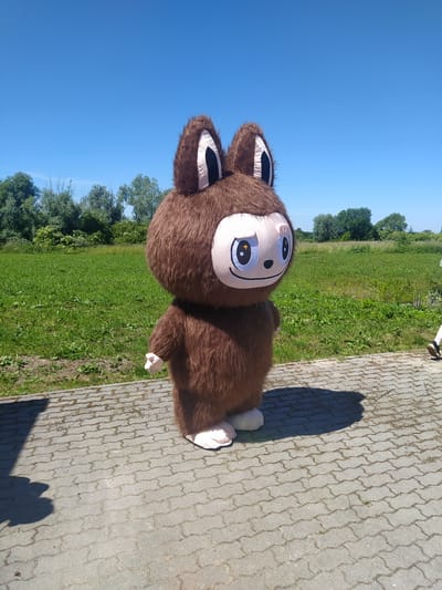 A full-body, side-view shot captures a person in a fluffy, brown, cartoon-character mascot costume standing on a paved walkway. The mascot has large, round, white ears with black inner details and a large, round, light-tan face with big, black-outlined eyes featuring yellow star-shaped pupils and a smiling mouth with visible teeth. The costume is covered in shaggy brown fur, with a white chest area and light-pink feet. The mascot's hands are also light pink. A dark shadow is cast on the walkway to the left of the mascot.
The background consists of a vibrant green grassy field with scattered small plants and bushes. Beyond the field, a line of trees with lush green foliage extends across the horizon, beneath a clear, bright blue sky. The scene appears to be set outdoors, likely in a park or recreational area in Lermontovo, Russia, given the sunny weather and natural environment.
