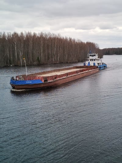 A tugboat is seen pushing a long, flat-bottomed barge along a calm river under an overcast, cloudy sky. The scene is set in Uzhla, Russia, with dense, bare deciduous forests, likely birch trees, lining the riverbanks, suggesting a late autumn, winter, or early spring season.
The barge, which appears to be empty and unladen, is predominantly a rusty brown color with a distinct bright blue forward section. On this blue section, the alphanumeric identifier "N3440" is clearly visible in white text, with smaller text "C3-01-6" also present. A tall, slender pole topped with an orange spherical marker extends upwards from the front of the barge. The water around the vessels shows ripples and a wake generated by the moving tugboat.
The tugboat, positioned at the stern of the barge and pushing it forward, features a multi-deck white cabin with numerous windows and blue accents on its hull. Russian text, "РХ 089 90", can be faintly discerned on its side. One person is visible standing on the top deck of the tugboat's cabin. Further down the river, a small white navigational buoy can be seen. The overall image depicts a functional waterway transportation scene on a subdued, cloudy day.