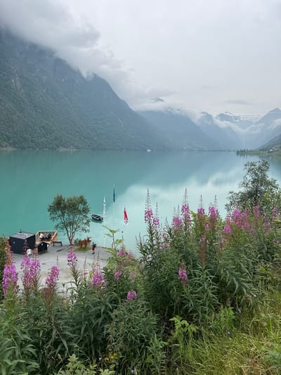 The image depicts a tranquil scene at the edge of a vast, turquoise lake in Olden, Norway. The lake, reflecting the overcast sky, is surrounded by imposing, tree-covered mountains that fade into misty peaks in the distance. In the foreground, a lush expanse of vibrant green foliage and tall, purple flowering plants creates a natural border.
Along the shoreline, a small wooden deck with seating areas overlooks the water. Adjacent to the deck is a dark, modern cabin-like structure with a chimney. A small boat is moored near the deck, bobbing gently on the water. A prominent, life-sized statue of a moose stands on the gravelly shore, near a person wearing a red backpack. Several flags, including one red and two blue, fly from poles near the water's edge. The overall atmosphere is serene and picturesque, showcasing the natural beauty of the Norwegian landscape.