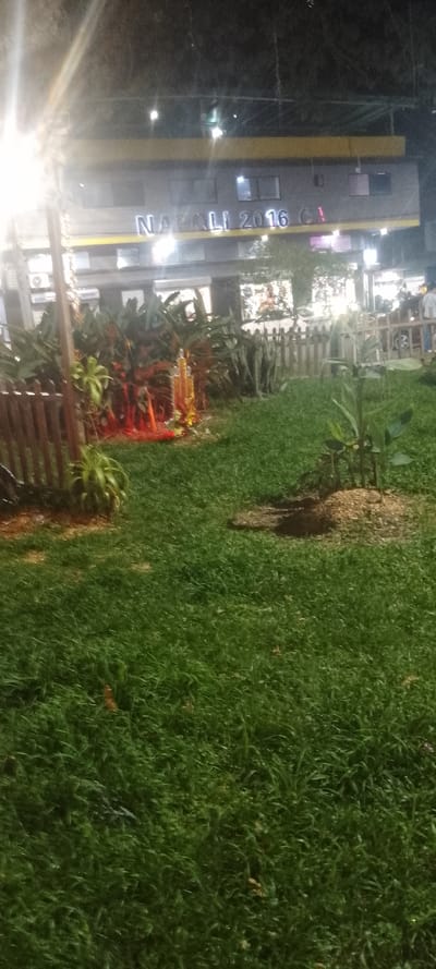 A nighttime shot captures a grassy lawn with various plants and decorative elements. A small wooden fence surrounds a plant bed featuring red-lit decorations. In the background, a building with "NAPOLI 2016 CA" lit up above it adds context to the scene. A bright light on the left is very distracting.