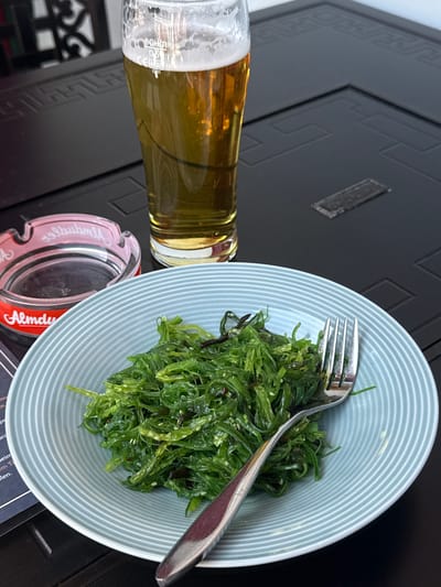 The image shows a plate of seaweed salad with a fork on a dark table. A bottle of beer and an ashtray are next to the plate. The location is Hainburg an der Donau, Austria.