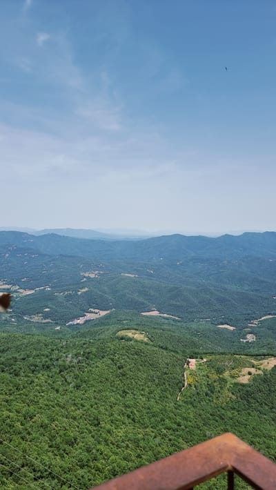 The image depicts a panoramic view of rolling, tree-covered hills and mountains under a clear blue sky. The landscape appears to be a natural, undeveloped area with visible patches of farmland or clearings interspersed within the dense green foliage. In the foreground, the edge of a rusty metal railing is visible, suggesting the photo was taken from a viewpoint or observation deck. The overall impression is one of a vast, natural landscape, likely a mountainous region. The location is identified as Susqueda, Spain. There are no people or animals clearly discernible in the image, and no specific actions or interactions are depicted. The environment is characterized by its natural, undulating terrain and the expansive sky.
