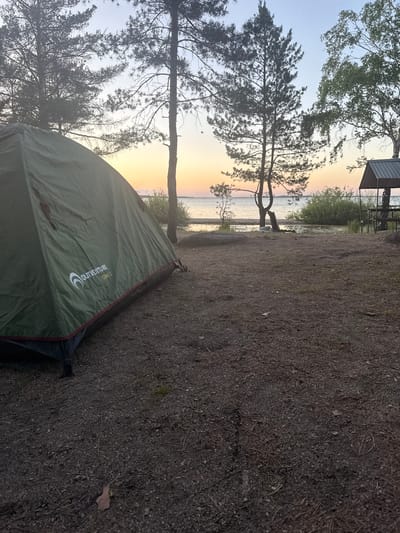 This rotated outdoor photograph, when viewed upright, depicts a serene lakeside campsite, likely in Zerendi, Kazakhstan. In the lower left foreground, a green two-person tent is pitched, bearing the white text "OUTVENTURE DOME 2" on its side. The ground immediately surrounding the tent and stretching into the midground is a dry, dark earth covered with pine needles and small stones.
Several pine trees, including one with a distinctive curved trunk, stand between the tent and the water, their dark silhouettes contrasting against the bright sky. In the upper right background, another tree with lighter foliage, possibly a birch, is also visible. Beyond the trees, a wide body of water, consistent with a lake, spans the horizon. The sky above the water exhibits a gradient of light blue transitioning to soft orange and yellow hues, strongly suggesting either sunrise or sunset.
On the distant bank across the water, a small, dark structure with a metal roof can be seen, possibly a small shelter or part of a pier. The scene conveys a sense of peaceful natural solitude, indicating an event of camping or an overnight stay in the wilderness. The weather appears clear with no visible clouds.