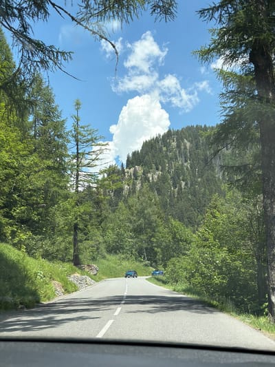 The image depicts a scenic view of a winding road through a lush, green mountainside. The road is paved with white lines marking the lanes and is bordered by vibrant green grass and trees. In the distance, a few blue cars are visible on the road, suggesting a light traffic flow. The mountainside is densely covered with a mix of trees, creating a textured, natural landscape. Above the mountains, the sky is a clear blue with scattered fluffy white clouds. The perspective of the shot, taken from a low angle looking up, emphasizes the height of the trees and the vastness of the sky. The overall impression is one of a peaceful and beautiful day in a rural, mountainous setting, likely during daylight hours.