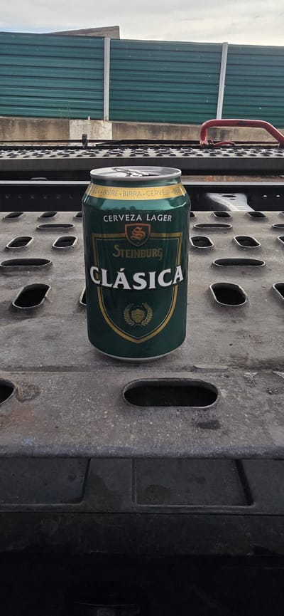 This media file shows a close-up, angled shot of a green and gold aluminum can of "STEINBURG CLÁSICA CERVEZA LAGER" placed on a metal grate surface. The can is lying on its side, with the opening facing left. The label features text in Spanish, including "CERVEZA LAGER," "STEINBURG," and "CLÁSICA." There is also a logo with an "S" inside a shield.

In the background, a green corrugated metal structure is visible, possibly a wall or siding. To the left of the can, a red metal handle or bar is attached to another structure. The metal grate surface the can rests on has several oval-shaped openings.

The lighting suggests it is daytime, and the overall scene appears to be outdoors, possibly in an industrial or service area, given the metal grate and corrugated metal. The location context provided is Épila, Spain. There are no people visible, and the primary object of focus is the beer can.
