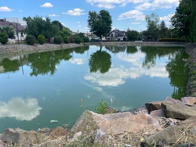 The image depicts a serene outdoor scene of a pond surrounded by rocky shores and lush greenery. In the background, several houses and trees are visible, suggesting a semi-urban or suburban setting. The pond's surface reflects the sky, which is dotted with fluffy white clouds against a clear blue backdrop. This reflection adds depth and tranquility to the image. The foreground is filled with various sized rocks and dry grass, creating a natural and somewhat rugged border to the water. A few small plants are growing near the edge of the pond, adding a touch of life to the rocky terrain.
The time of day appears to be daytime, possibly late morning or afternoon, given the brightness of the sunlight and the clear skies. The weather seems pleasant and fair, conducive to outdoor activities. There is no specific activity or event taking place; the scene is one of quiet natural beauty.
Location cues suggest a place like Vynnyky, Ukraine, with its characteristic architecture and landscape. The overall emotion evoked by the image is one of peace and calmness. No visible text is present in the media file.