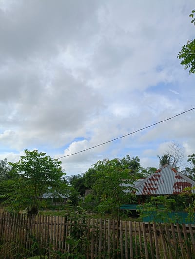 The image shows a landscape in Meunasahteungkudigadong, Indonesia, featuring a bamboo fence in the foreground, obscuring a view into a lush, overgrown garden. The garden contains various trees and plants, with a rusty, corrugated metal roof of a structure visible in the background. Overhead, a partly cloudy sky with a single electrical wire stretches across the frame. No people are visible. The overall impression is that of a rural, possibly neglected, property.