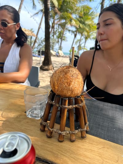 A coconut is sitting on a bamboo stand on a wooden table, with a glass of ice water to the left. A woman sits in the background with a white top on, while another woman wearing a black top sits with her back to the camera. The scene is in a tropical setting, in a restaurant in Santa Teresa, Costa Rica (latitude: 9.635, longitude: -85.161), with palm trees and white sand visible in the background. The table is covered with a black placemat. The woman with the black top appears to be looking towards the camera, with a slight smile. The woman in the white top is looking down at the table.