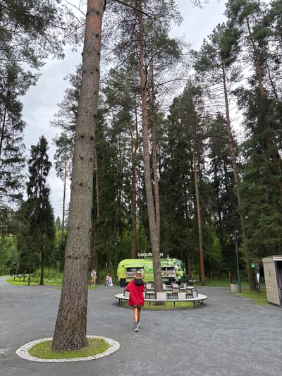 The image depicts an outdoor scene in Pavlovskaya Sloboda, Russia, characterized by a dense forest of tall pine trees and a cloudy sky. In the foreground, a large pine tree trunk with rough bark stands prominently. A person wearing a red sweater and a hat is walking away from the camera towards a green food truck. The food truck has a sign that reads "CUCUMR" and appears to be serving customers. Adjacent to the food truck is a circular seating area with benches. Further in the background, other people can be seen walking and interacting near the food truck. A paved pathway winds through the area, bordered by grass and trees. To the right, there is a small wooden structure, possibly a restroom or information booth. The overall environment suggests a park or recreational area within a wooded setting.