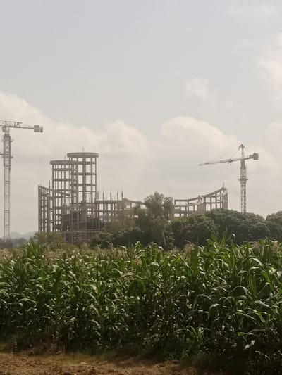 The image depicts a construction site in Nabatum, Nigeria, under a hazy, possibly overcast sky. In the foreground, a dense field of tall green corn stalks stretches across the frame, suggesting a rural or agricultural setting. Behind the cornfield, a partially constructed building stands out. This structure is made of concrete and steel, with an open, skeletal framework of columns and horizontal beams. It appears to be a multi-story building with a curved or irregular design.
Dominating the scene are two large construction cranes. The crane on the left is taller and positioned further back, its jib extending horizontally. The crane on the right is closer to the building, its tower and jib clearly visible against the sky. These cranes indicate ongoing construction activity.
The overall atmosphere is one of development and progress. The time of day is difficult to ascertain precisely due to the diffused light, but it appears to be daytime. The weather seems mild, with no harsh shadows suggesting direct sunlight. The presence of agricultural land juxtaposed with a modern construction project highlights a dynamic landscape in Nabatum, Nigeria. There is no visible text in the image.