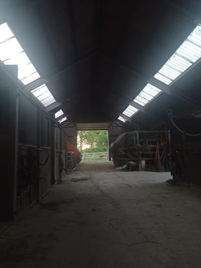 The image depicts the interior of a stable in Uithuizen, Netherlands. The stable has a high, peaked roof with multiple skylights, allowing natural light to filter in. The interior is dark and somewhat cluttered. On the left, a row of horse stalls is visible, with what appear to be saddles and other equestrian equipment hanging on the walls. The floor is made of concrete and appears dusty with some straw scattered around. In the center of the image, a large tarp-covered object is situated, possibly agricultural machinery or stored equipment. Further back, the stable opens to an outdoor area with a wooden fence and trees visible in the distance, suggesting a rural setting. The overall impression is one of a functional, working stable, possibly in the process of being tidied or organized.