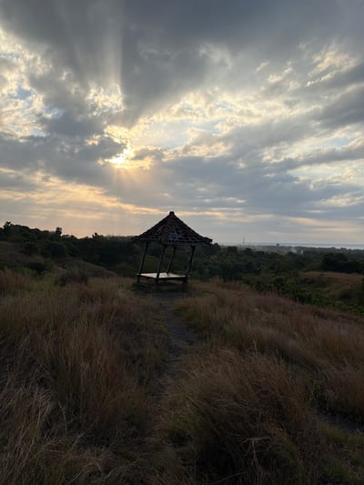 A wide shot captures a scenic vista at what appears to be sunset or sunrise in Kubutambahan, Indonesia. The sky is dramatic, filled with layered clouds from which shafts of sunlight pierce through, creating a crepuscular effect. In the middle ground, a small, rustic wooden gazebo with a dilapidated roof stands on a grassy hill. A dirt path leads towards the gazebo. The foreground is dominated by dry, tall grass, suggesting a natural, possibly arid landscape. In the background, a dense forest stretches towards the horizon, meeting a hazy body of water, likely the ocean, under the diffused light. The overall atmosphere is serene and natural, highlighting the interplay of light and landscape.