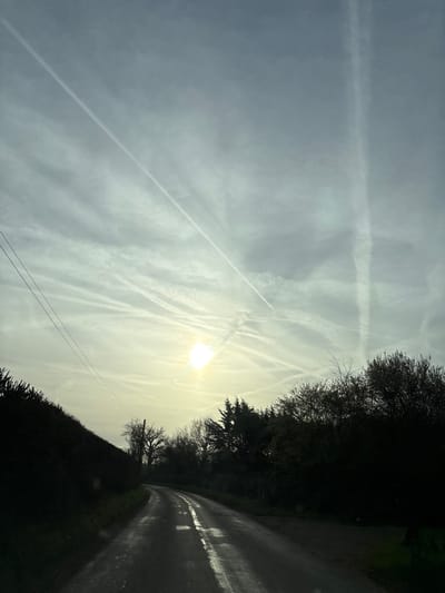 The image depicts a rural road scene in Ruyton-XI-Towns, United Kingdom, under an extensively contrail-streaked sky with a low sun. The sky, rendered in shades of light grey and pale blue, features numerous white aircraft contrails crisscrossing, forming a dense linear pattern across the upper half of the frame. The sun, a bright, diffuse white-yellow orb, is positioned low above the horizon, slightly left of the frame's center, creating a prominent glare.
In the foreground and mid-ground, a dark asphalt road curves gently to the right as it recedes into the distance. The road surface is visibly wet and highly reflective, particularly reflecting the sunlight in parallel streaks.
To the left of the road, a dense, dark green hedgerow forms a continuous barrier. Above the hedgerow, two dark, parallel utility wires extend diagonally from the upper-left corner towards the mid-left of the frame. To the right of the road, a line of dark, silhouetted trees, some appearing deciduous with bare branches and others evergreen, borders the roadway. No individuals, vehicles (other than the implied perspective of the photographer's vehicle), or specific actions are discernible within the visible environment.