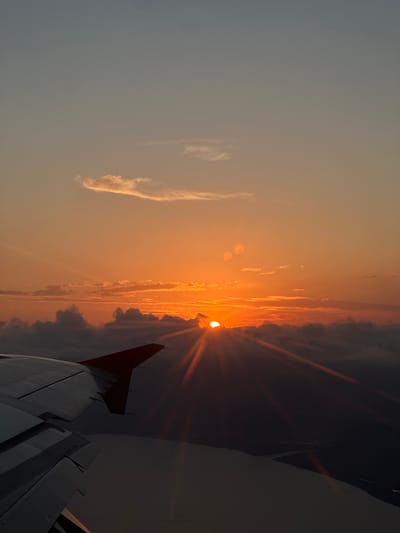 An aerial photograph captures a sunset viewed from an aircraft. The upper sky displays a gradient from deep grey-blue at the zenith to a vivid orange and yellow near the horizon. The sun, partially obscured by clouds, is visible as a bright orange orb, emitting prominent crepuscular rays that fan outwards. A band of dark, voluminous clouds lies below the sun, largely silhouetted, while wispy, elongated clouds are present higher in the frame. The left and lower portions of the image feature the dark, metallic wing of an airplane, seen from an interior perspective, with its flaps and a red wingtip discernible. Below the wing and the lower cloud layer, a dark body of water is visible, bordered by a faint, dark landmass. No people are directly visible. The scene is consistent with a flight near the city of Dalaman, Turkey.