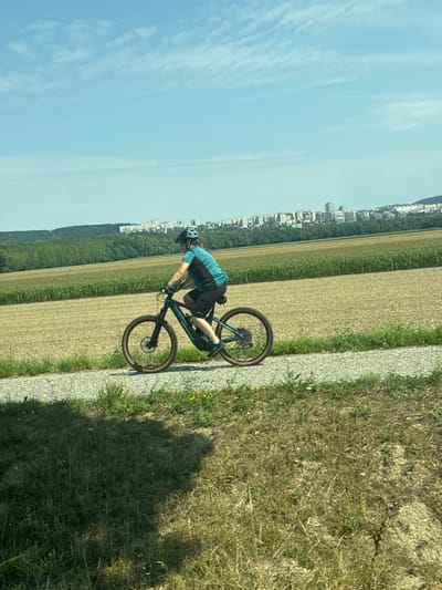 A person wearing a teal and black t-shirt, black shorts, black gloves, and a grey helmet is riding a teal electric mountain bike on a gravel path. The path is bordered by dry grass on the left and a field of dry, cut crops on the right. In the background, a line of green trees separates the fields from a city skyline with several buildings. The sky is a clear light blue with some wispy white clouds. This scene is located in Wolfsthal, Austria, with the city in the background likely being Bratislava, Slovakia, as Wolfsthal is situated close to the border.