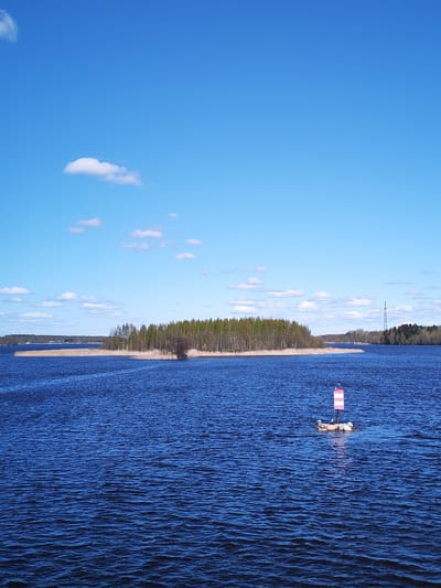 The image depicts a body of water, likely a lake or wide river, under a blue sky with scattered white clouds. In the midground, a forested island with a transmission tower visible on the right shore can be seen. In the foreground, a navigational buoy with red and white stripes sits in the water, and several birds perch on the buoy and surrounding stones. The water is dark blue, reflecting the sky, with subtle waves. The scene is serene and appears to be taken during daylight hours. The location is possibly in the city of Novodevich'e, Russia, based on the query.