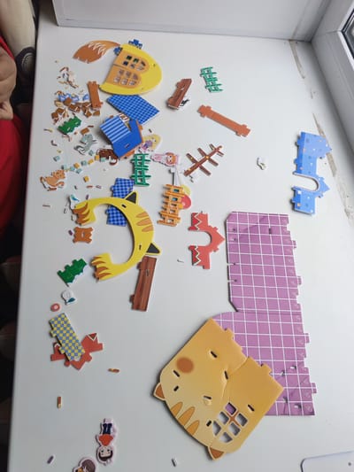 An overhead shot shows a variety of colorful 3D foam puzzle pieces scattered across a white surface, which appears to be a windowsill or a table. The puzzle pieces depict a variety of shapes and cartoon characters, including a cat, a house, a fence, and other miscellaneous building components. Some pieces are connected, while others are separate. The scene is illuminated by natural light coming from a window on the right side of the image. A person's arm, wearing a red garment, is partially visible on the left side of the frame. The environment appears to be indoors, with a white wall visible in the background. The location is the city of Tolbazy, Russia.