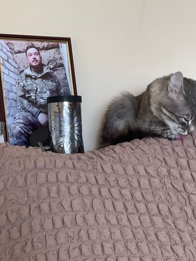 The image shows a framed photograph of a man in military uniform, possibly a soldier, leaning against a brick wall. Next to the photograph, a decorative metal cylinder with a floral pattern sits on a textured, mauve-colored surface. A grey tabby cat is grooming itself on the same surface, in front of the photograph and the cylinder. The background is a plain, light-colored wall. The scene appears to be indoors, likely in a residential setting. There is no identifiable information in the image indicating a specific location in Drohobych, Ukraine.