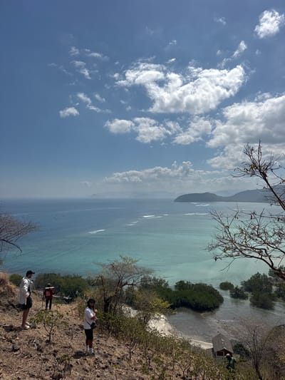 An elevated view captures a coastal landscape in Benete, Indonesia, featuring a wide expanse of the ocean under a partly cloudy blue sky. The water transitions from a clear turquoise near the shore to a deeper blue further out. Small boats are visible on the water.
In the foreground, a group of three individuals is present on a dry, rocky, and sparsely vegetated hillside. One person, wearing a white shirt and dark shorts, stands facing left with a dark hat and a stick. Another person, in a red shirt and dark pants, holds a stick and appears to be walking away from the viewer. The third individual, in a white shirt, dark shorts, and a hat, stands facing the viewer.
Further down the hillside, a small, dark-roofed building with red walls is visible near the water's edge. Mangrove trees grow in clusters in the shallow water surrounding the beach area. The overall environment suggests a natural, undeveloped coastal setting.