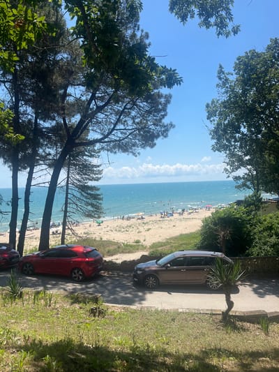 The image shows a view of a beach and the Black Sea in Bliznatsi, Bulgaria. In the foreground, a paved road runs horizontally, with two cars parked on it. The car on the left is red, and the car on the right is brown. Lush green vegetation and trees are visible on either side of the road. Beyond the road, a sandy beach is lined with numerous beach umbrellas and sunbathers. The sea is a vibrant blue with small waves, and the sky is clear with a few scattered clouds. The scene conveys a typical summer day at a coastal resort.