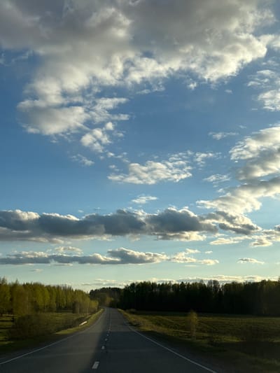 The image depicts a roadway curving away from the viewer under a sky filled with clouds. The road surface is asphalt, marked with white lane dividers. A dense forest borders the road. The location is Samolet, Russia.