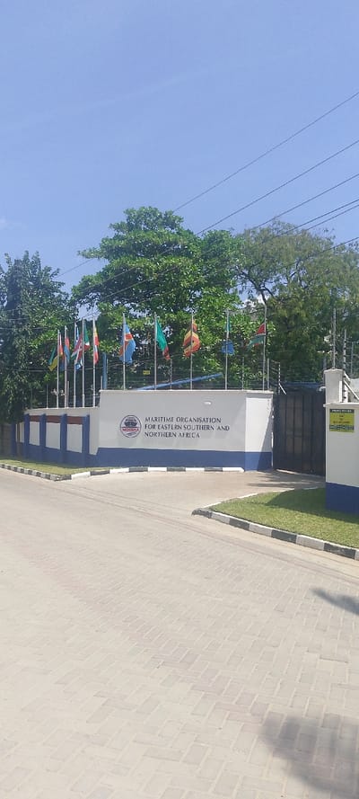 The image displays the exterior entrance of the Maritime Organisation for Eastern Southern and Northern Africa (MOESNA) in the city of Ziwa La Ng'ombe ward, Kenya, under bright daylight. A white concrete wall with a blue base trim serves as a boundary, featuring the organization's logo and full name prominently. Behind this wall, numerous national flags are displayed on flagpoles, positioned in front of dense green trees. The property is secured with barbed wire atop the wall and a dark vehicular gate to the right. A partially visible yellow sign on a gate pillar indicates "PROTECTED BY SECUREYE SECURITY." The foreground is a light-colored paved surface, constructed from interlocking pavers in a herringbone pattern, bordered by a dark curb and a strip of green grass on the right. Overhead power lines traverse the upper portion of the frame against a clear blue sky. No individuals are present. A faint shadow is cast on the pavement in the lower right.