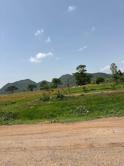 The image depicts a rural landscape with rolling hills covered in vegetation in the background. A dirt road occupies the foreground, with a grassy field and scattered trees extending towards the hills. The sky is blue with a few scattered clouds. The scene appears to be a natural setting, possibly in the city of Lankoviri, Nigeria, given the context provided. There are no people or specific structures visible that would indicate a particular event or activity. The overall impression is one of a peaceful, undeveloped rural environment.