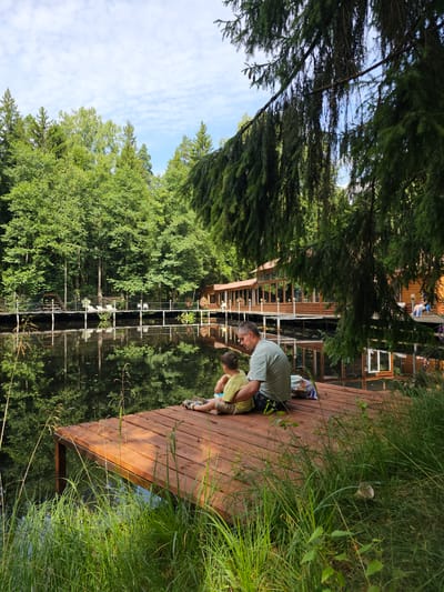 In Ulitkino, Russia, a father and son sit on a wooden dock by a reflective lake. The father, wearing a light green t-shirt, has his arm around the son, who is wearing a yellow t-shirt. They are facing away from the camera, looking out at the water. In the background, a modern wooden building with large windows sits on stilts over the water, surrounded by lush green trees. The lake's surface mirrors the building and the surrounding trees, creating a serene natural scene. A bag of snacks rests on the dock beside them.