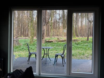 A view from inside a building, likely a house, looks out through a white-framed, triple-pane glass door/window onto a small patio area and a wooded landscape. The patio area is made of dark gray, ribbed composite material. Two black, ornate metal chairs and a small, round metal table are situated on the patio. Beyond the patio is a grassy area with scattered bare trees, suggesting it is late fall or early spring. The tree trunks are a light brown color, and there are patches of green moss on some of them. Sunlight filters through the trees, casting shadows on the ground. Inside the building, the interior walls are dark green. A black bag is visible in the lower left corner. The location may be in or near Storrington, United Kingdom, based on the prevalence of wooded landscapes and architectural style, although no specific elements directly confirm that location.