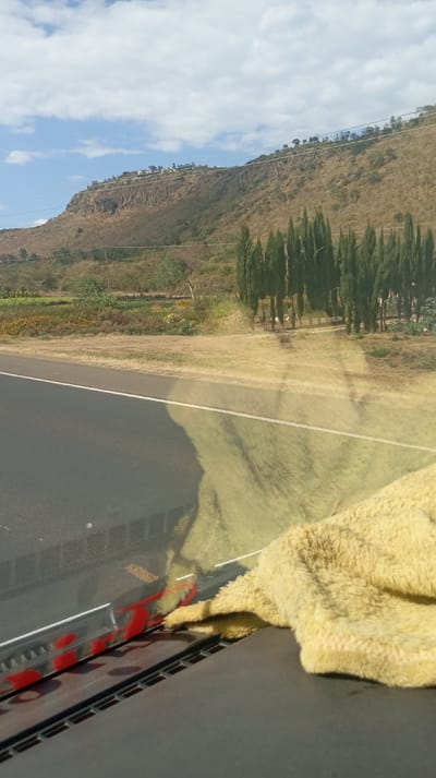 A roadside view shows an asphalt road with a white line, bordering a grassy area and tall, thin, green trees. Beyond this lies a landscape featuring a brownish hill with some buildings at its crest. The sky is blue with scattered clouds. In the foreground, the view is partially obscured by a car's dashboard, with a yellow cloth and red accents visible on the interior.