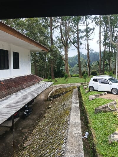 A building with white walls and a tiled roof is situated beside tall trees. An adjacent covered structure provides parking for motorcycles. A drainage ditch, partially covered with moss, separates the building from a grassy area where a white car is parked. The scene is captured from an elevated perspective, suggesting the viewpoint of a higher floor or hill.