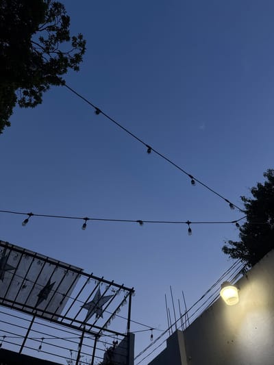 Captured from a low angle, the image reveals a night scene in Chiapa de Corzo, Mexico. A deep blue sky serves as the backdrop. Strings of light bulbs crisscross the frame, suspended between trees on the lower left and upper center, and a building corner on the upper right. An illuminated cylindrical light fixture affixed to the building casts a bright glow. A metallic structure, featuring star decorations, is positioned on the right side of the frame. Silhouette of a tree is visible on the lower left. The picture captures a typical Chiapa de Corzo street scene at night, combining architectural elements, decorative lighting, and natural features.