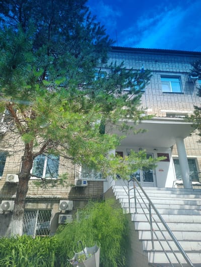 A medium shot captures the entrance of a light-colored brick building under a bright blue sky. A large pine tree with lush green needles dominates the left side of the frame, its branches partially obscuring the building's facade. The building features multiple windows, some with white frames and curtains. Several air conditioning units are mounted on the exterior walls. A white staircase with a metal railing leads up to the entrance, which has double glass doors. Above the entrance, a white awning is supported by pillars. There are red signs with text and symbols on the building near the entrance. Dense green foliage and plants grow around the base of the stairs and building. In the lower right corner, a partially opened umbrella with small blue flowers inside rests on the ground. The overall scene suggests an outdoor environment in a city, possibly an administrative building, given the signage. The location is identified as Khorol, Russia.