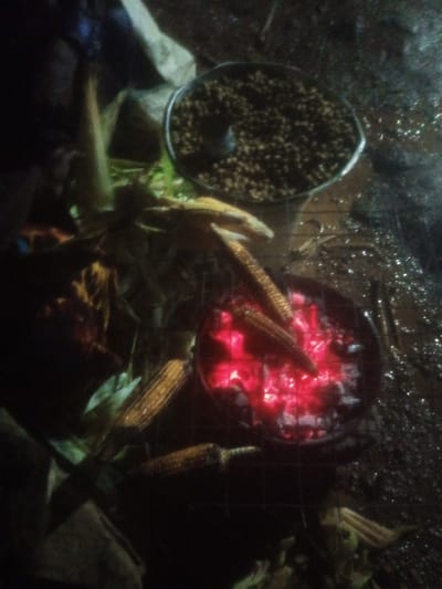 In Tundun Wada West, Nigeria, an outdoor scene unfolds around a charcoal grill filled with glowing red embers. Several ears of corn, some with their husks still attached, are positioned over the heat, suggesting they are being roasted. To the left of the grill, a dark object, possibly a person's arm or clothing, is partially visible. Above and to the left of the grill, a metal bowl contains a dark, granular substance, the contents of which are not clearly identifiable. The ground surrounding the grill appears wet, reflecting the ambient light and showing scattered bright spots. The overall lighting is dim, indicating it is likely evening or nighttime, and the image has a grainy quality.