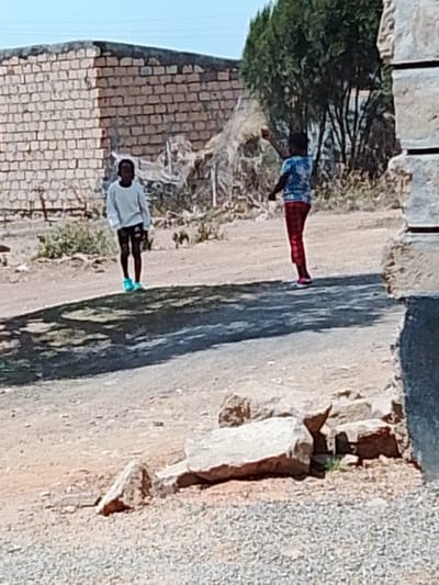 This image depicts an outdoor scene in the Narok Town ward, Kenya, under clear daylight conditions. Two individuals, appearing to be children or young adults, are present on an unpaved, light-brown dirt and gravel surface.

In the left mid-ground, one individual stands facing slightly towards the camera. This person wears a light-colored, long-sleeved shirt or sweatshirt, dark shorts, and bright turquoise athletic shoes. A distinct dark shadow extends from this individual towards the lower-left corner of the frame.

Further to the right and slightly behind, a second individual stands with their back mostly to the camera, angled slightly left. This person is wearing a light-colored, possibly patterned or tie-dye, short-sleeved top, red or maroon-colored long pants with a subtle pattern, and pink athletic shoes. Their right arm is raised and extended, pointing upwards and to the right.

The background features a light-brown brick wall on the left, possibly part of a building or structure. To the right of the brick wall, green foliage from trees or large bushes is visible. The sky above is clear and light blue. In the immediate foreground, on the right side, a pile of light-colored rocks or boulders is present. A prominent dark shadow stretches across the mid-ground, spanning the width of the path.