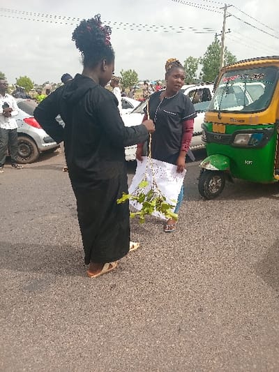 Two women stand in the middle of a paved road in Ungwan Tanko, Nigeria (latitude: 10.422, longitude: 7.49). The woman on the left is wearing a black abaya, and the woman on the right is wearing a black shirt and a light blue vest. The woman on the right holds a leafy branch and a white sign in her left hand. The woman on the left is holding a black handbag in her left hand. A white car is parked to the left of the women and a green and yellow auto rickshaw (also known as a tuk-tuk) is parked to the right of the women. The women are facing each other, engaged in a conversation. Several people are visible in the background, including a man in a white shirt and a woman with a white headscarf. The background is blurred and consists of a blue sky, trees, and other vehicles. The environment appears to be a busy, urban street.