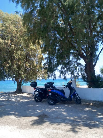Two scooters are parked on a paved area near a beach. The scooter on the left is dark blue and black, and the scooter on the right is blue. Both scooters have black storage boxes on the back. In the background, the turquoise sea is visible, with a white wall separating the paved area from the beach. Two large trees with green foliage cast shadows on the ground. The sky is clear and blue. The scene appears to be located in Zipari, Greece, given the characteristic Mediterranean vegetation and coastal scenery.