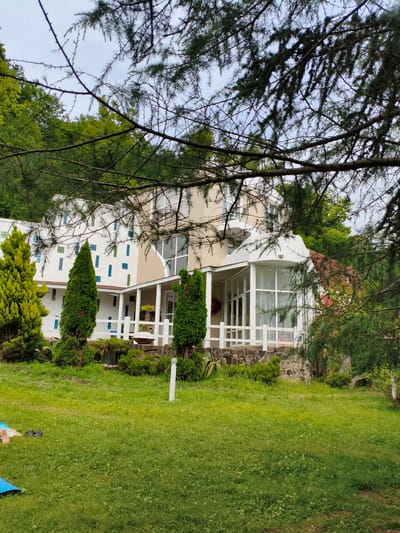 A hotel building is partially visible through the branches of pine trees. The building is white with beige accents and has a facade decorated with colorful squares. In front of the building, there is a green lawn with several evergreen bushes and trees. In the foreground, a person lies on a blue mat on the grass, with a pair of sandals nearby. The scene is set in a natural, possibly rural, environment. The city of Прогресс, Russia, is mentioned as the location.