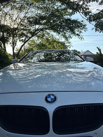 The image shows the front of a white BMW car parked outdoors. The car has a black grille and the BMW logo is visible on the hood. The hood is reflecting the surrounding trees and the sky, which is partly cloudy. The sun is shining through the trees, creating dappled light on the car. In the background, there are more trees, power lines, and a small building with a blue roof. The scene appears to be in a residential area on a sunny day. There are no people visible in the image. The location is not specified within the city of Novy, Russia, or any other specific location.