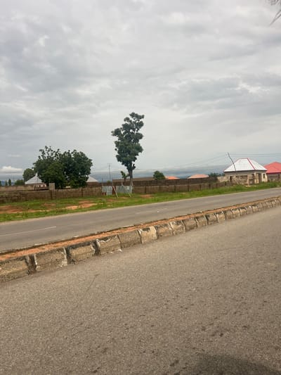 The image depicts a scene in Kona Garu, Nigeria, under a cloudy sky. The photograph is taken from a slight elevation, looking down a paved road. The road occupies the right portion of the frame, with a textured asphalt surface showing some wear and dark spots. Along the left edge of the road is a concrete curb with regularly spaced blocks, some of which appear to be discolored or weathered.
Beyond the curb, a strip of dry grass and reddish-brown earth is visible. A low, weathered brick wall runs parallel to the road, separating it from the area behind. Several trees are scattered throughout the scene. The most prominent tree is tall and slender with a full canopy of dark green leaves, positioned in the left half of the frame. Another, more bushy tree with dense foliage stands further down, near the brick wall.
In the background, several buildings are visible. One building has a distinctive red roof and white angular structure with a metal roof, possibly a church or community hall. Another building has a reddish-orange roof. The overall impression is of a semi-rural or suburban area. The time of day appears to be daytime, given the ambient light, though the overcast conditions create a diffused illumination. No people are visible in the image. There is no discernible text.