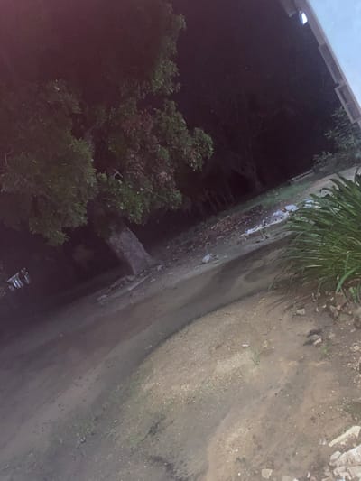 The image displays a dimly lit outdoor scene, likely captured at night or in very low light, from an elevated vantage point in Jama A, Nigeria.
The setting appears to be a rugged, unkempt area. On the right side of the frame, there is a substantial expanse of dirt ground, characterized by an uneven texture and scattered with small rocks and debris. Running diagonally across the middle of the image is a concrete wall or barrier, separating the dirt path from a lower, darker area to its left. Overhanging this concrete wall from the top-middle are dense green plants, suggesting overgrown vegetation.
A concrete slab or beam extends horizontally from the main concrete wall into the darker section on the left. This lower area is heavily shadowed and features lush green trees and shrubs, obscuring much of the ground beneath them. Near the bottom-left corner, several metallic items, possibly discarded cans or other litter, are visible amidst the darkness.
In the upper-left portion of the image, part of a building or structure with a light-colored fascia or overhang can be seen, along with a visible artificial light fixture, which provides the only clear illumination in the scene. No people are visible, and there is no discernible activity taking place. There is no visible text within the image.