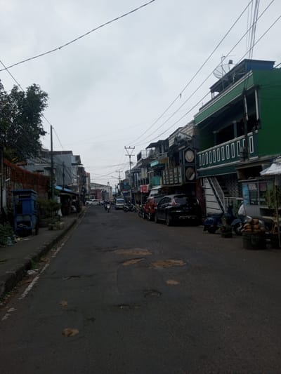 This image displays a street scene in an urban area, identified as Houaythat, Laos, under an overcast sky. The view is a straight perspective down a paved asphalt road, which exhibits multiple potholes and dark patched areas.
On the left side of the street, a concrete curb separates the road from a sidewalk. A blue, two-wheeled vendor cart is parked on this sidewalk in the foreground. Behind the cart, a low wall is partially covered by reddish-brown climbing vegetation. A sequence of multi-story buildings, featuring varied architectural designs, lines the street. In the midground, a white minivan and a white passenger vehicle are visible. Several individuals on motorcycles are also present further down the left side of the street.
On the right side of the street, a dark blue scooter, resembling a Vespa, is parked near the curb in the foreground. Adjacent to it, a black corrugated barrel holds a collection of brown coconuts. Further along, a small kiosk with a clear display section is visible. A prominent multi-story building, painted bright green with white decorative trim along its second-floor balcony, stands on this side. A white exterior staircase provides access to an upper level. A black satellite dish and multiple antennas are mounted on the roof of this building. A black SUV and a red vehicle are parked along the curb further down. Additional motorcycles are parked and in motion along this side of the street.
Above the street, a dense network of dark utility wires and cables spans between various wooden and metal poles. The sky is uniformly grey and overcast. Several individuals are visible operating motorcycles in the midground, moving in both directions, but specific actions or features are indistinguishable. No clear interpersonal interactions are depicted.