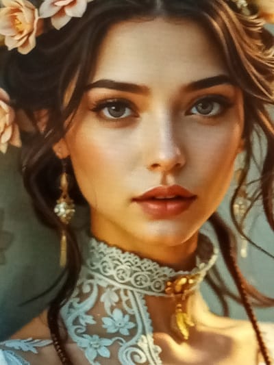 The scene depicts a close-up, chest-up portrait of a young adult female, reportedly located in the city of Kremyonki, Russia. The individual has fair skin, dark brown hair styled with loose waves and tendrils framing her face, and is adorned with several peach-toned flowers on the right side of her head. Her eyes are light grey-blue, looking directly forward, with visible dark eyeliner and defined eyebrows. Her lips are full, slightly parted, and possess a soft peachy-pink coloration. She wears long, gold-toned dangle earrings featuring a central clear stone cluster and a linear drop element. Around her neck is a high, fitted lace choker in a light, possibly mint green, hue, detailed with intricate floral and scroll patterns. A small gold-toned pendant, appearing as a leaf or abstract shape, is suspended from the choker on the right side of her neck. The upper portion of a light-colored garment, possibly white or light blue and featuring lace similar to the choker, is visible below her neck. The background is soft, out-of-focus, and consists of muted greenish-teal tones, offering no specific environmental features. The image exhibits characteristics consistent with a digital painting or highly stylized illustration.
