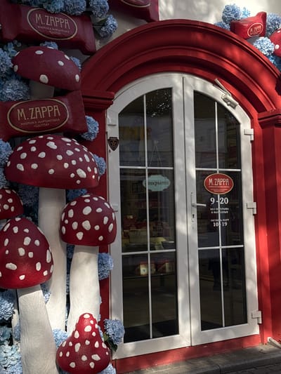 The image displays the brightly decorated facade of the M. Zappa Marzipan Factory in Yantarny, Russia. The building entrance features white double doors with arched glass panels, set within a vibrant red arched frame and wall. The exterior wall is extensively adorned with oversized, artificial red and white spotted mushrooms, numerous clusters of light blue artificial flowers, and several large, rectangular props designed to resemble wrapped candy bars, each labeled "M. ZAPPA ФАБРИКА МАРЦИПАНА". A small, dark badge with a star emblem is affixed to the red wall left of the door. Inside the left door, a light green sign reading "открыто" (OPEN) is visible. On the right door, a red oval sign displays "M. ZAPPA" and operating hours: "9-20 БЕЗ ПЕРЕРЫВА И ВЫХОДНЫХ" (9 AM - 8 PM, open daily) and "ОКТЯБРЬ - МАРТ 10-19" (October - March, 10 AM - 7 PM). Through the glass doors, shelves with products are discernible inside the shop. A faint, blurred reflection of a human figure is visible in the lower right door panel. Bright sunlight illuminates the scene, casting distinct shadows. The ground directly in front of the doors consists of light gray paving stones. No individuals are clearly depicted performing specific actions or interactions within the frame.