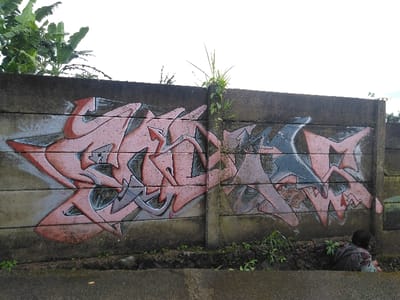 The image displays an outdoor scene in Hafjell, Norway, centered on a weathered concrete wall. The wall, constructed from horizontally segmented concrete panels, exhibits a large graffiti artwork spanning its central and right sections. The graffiti features complex, stylized lettering rendered primarily in faded pink, grey, and dark blue tones with white outlines. Sparse green vegetation, including grass and vines, grows from crevices along the top and base of the wall. In the lower right corner, an individual is partially visible from the back, seated or crouching low in a shallow ditch adjacent to the wall. This person wears a patterned top or jacket in shades of green, brown, and grey. The immediate foreground consists of a dark, wet-appearing paved surface (asphalt or similar) and a narrow strip of dark earth with small weeds at the base of the wall. Above the wall, the sky is overcast and bright white, with some green foliage from trees or bushes visible on the left and far right.