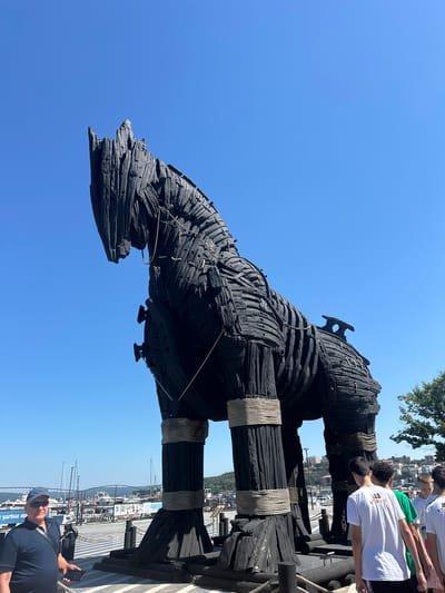 The image shows a large, dark, wooden sculpture of a horse, resembling the Trojan Horse, standing in an outdoor setting. The sculpture is made of rough-hewn, dark wood planks and bound with ropes. The horse's head is on the left side of the frame, with its mouth open and a jagged, broken appearance. The body of the horse is supported by large wooden legs.

Several people are visible in the background, some standing near the sculpture and others in a harbor area. The people are dressed in casual summer clothing. One person in the foreground, on the right, is wearing sunglasses and a baseball cap, holding a smartphone. The weather appears to be sunny and clear, with a bright blue sky.

The scene is set in a harbor, with numerous boats and yachts docked. In the distance, there are buildings and trees, suggesting an urban or semi-urban coastal environment. A banner with the text "MARATHON" is visible in the background.

The image appears to be taken during the daytime, likely on a sunny afternoon. The overall mood is casual and tourist-like, with people observing the sculpture and the surroundings. The location context provided is Çanakkale Merkez, Turkey, which is consistent with the historical significance of the Trojan Horse.