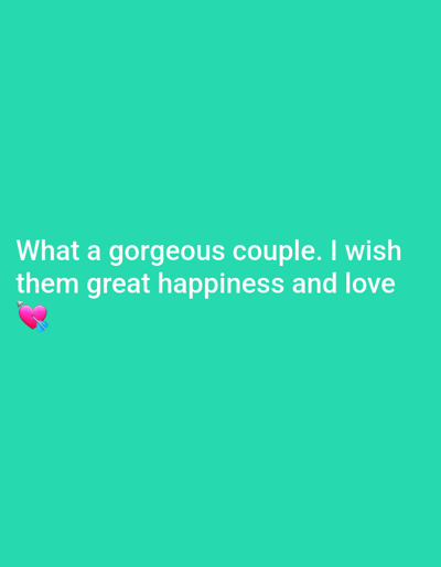 The image shows a teal background with white text that reads "What a gorgeous couple. I wish them great happiness and love". To the left of the text is a pink heart emoji with an arrow through it. There is no information about the city of Kitskany, Moldova present in the image.