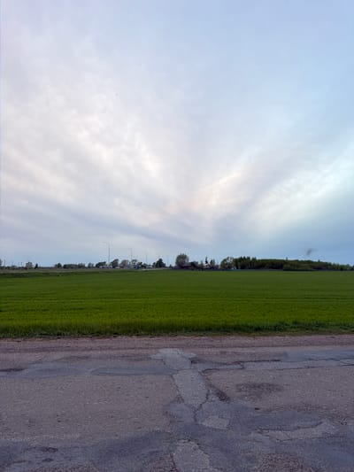 The image shows a roadside scene. On the right is a paved road with noticeable cracks and patches. Adjacent to the road is a long, green field, potentially a lawn or agricultural land. A line of trees and streetlights is visible along the edge of the field. The sky occupies the left half of the image, featuring a light blue gradient with streaks of clouds. The image appears to be taken from a ground-level perspective. The image depicts a place in the vicinity of the city of Azyakul', Russia, but lacks specific geographical information to pinpoint a precise location.