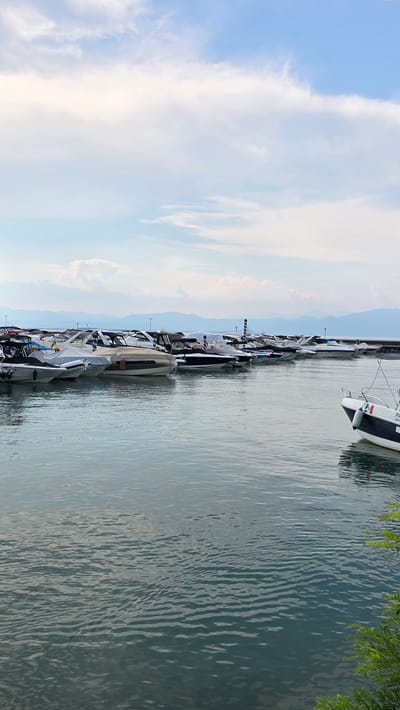 This is a vertically oriented image of a marina in Peschiera del Garda, Italy. The scene depicts a body of water with numerous boats docked along a pier. The boats are of various sizes and designs, with some covered and others open. The water appears calm with gentle ripples, reflecting the sky. On the left side of the image, there is a clear blue sky with scattered white clouds, suggesting fair weather. In the distance, faint mountain ranges are visible. Green foliage from trees overhangs the right side of the frame, framing the water.

The time of day appears to be daytime, likely late morning or afternoon, given the lighting and the appearance of the sky. The overall atmosphere is peaceful and serene, typical of a marina setting. There are no specific activities or events clearly depicted, other than the boats being moored.

A small portion of text is visible on the stern of the boat in the upper right quadrant of the image, but it is too blurry to be deciphered.