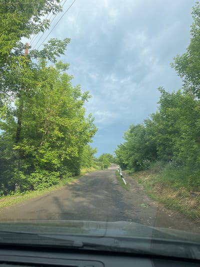 The image shows a view from inside a vehicle looking out at a rural road in Koniukhi, Russia. The road is unpaved and appears to be in fair condition, with some patches and gravel. Lush green trees line both sides of the road, their leaves dense and vibrant, suggesting a summer season. The sky is overcast with gray clouds, hinting at impending rain. A white and black striped guardrail is visible on the right side of the road, partially obscured by vegetation. In the distance, the road curves and disappears into the trees. There are no people or animals visible in the scene. The overall impression is one of a quiet, undeveloped rural landscape.